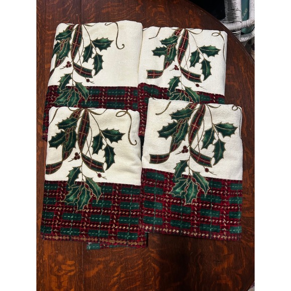 Lenox Other - Lenox Holiday Nouveau Christmas Bath Towel Set 4 Holly Plaid Gold Glitter Ivory